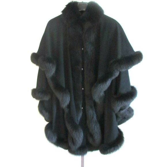 Designer Bloomingdales Black Wool & Fox Fur Trim Snap Front Cape Coat M/L - Picture 1 of 9